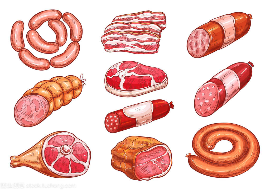 香腸和肉素描集食品設計